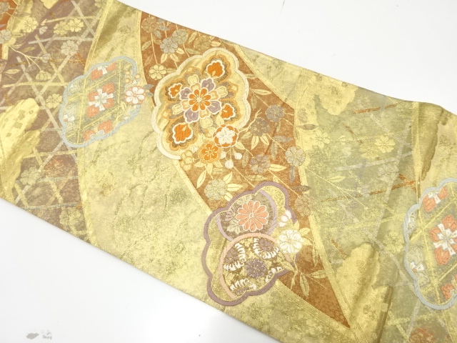 JAPANESE KIMONO / FUKURO OBI FOR FURISODE / SILK / WOVEN FLORAL CREST & WEEPING FLOWERS